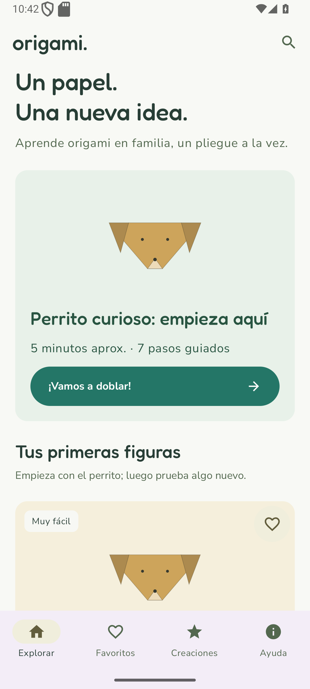 Pantalla real de Origami: una figura de perrito y el botón Vamos a doblar